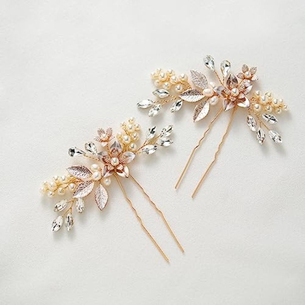 2Pcs Wedding Hair Pins for Brides, Gold Wedding Hair Accessories for Bride